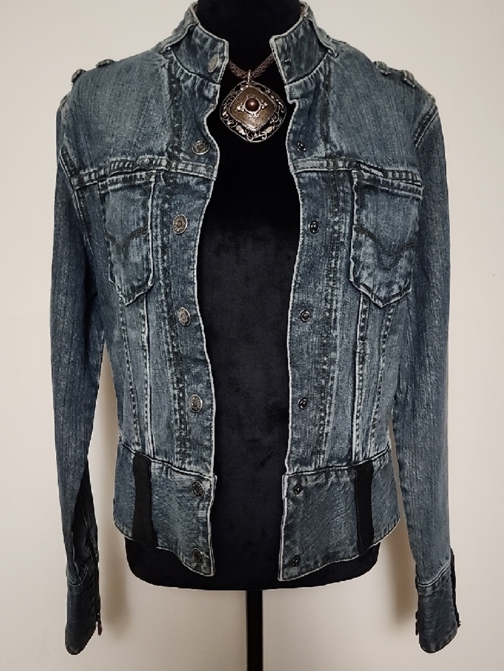 Harley-Davidson Denim Jacket Large Embroidered Logo Leather Trim Snap Front Zip - Picture 9 of 16